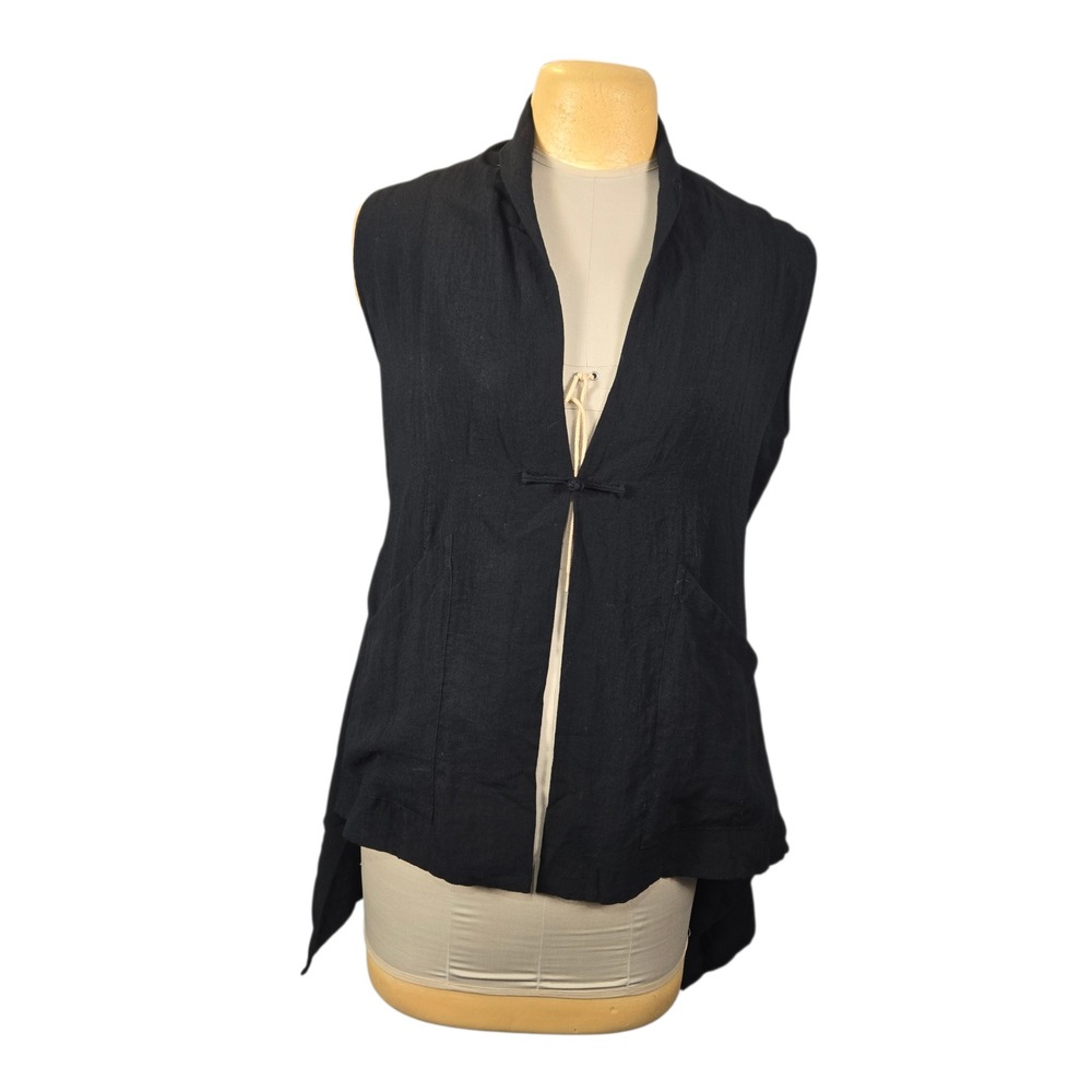 Fridaze 100% Linen Vest Women Medium Black Frog Button Lagenlook Sleeveless Boho